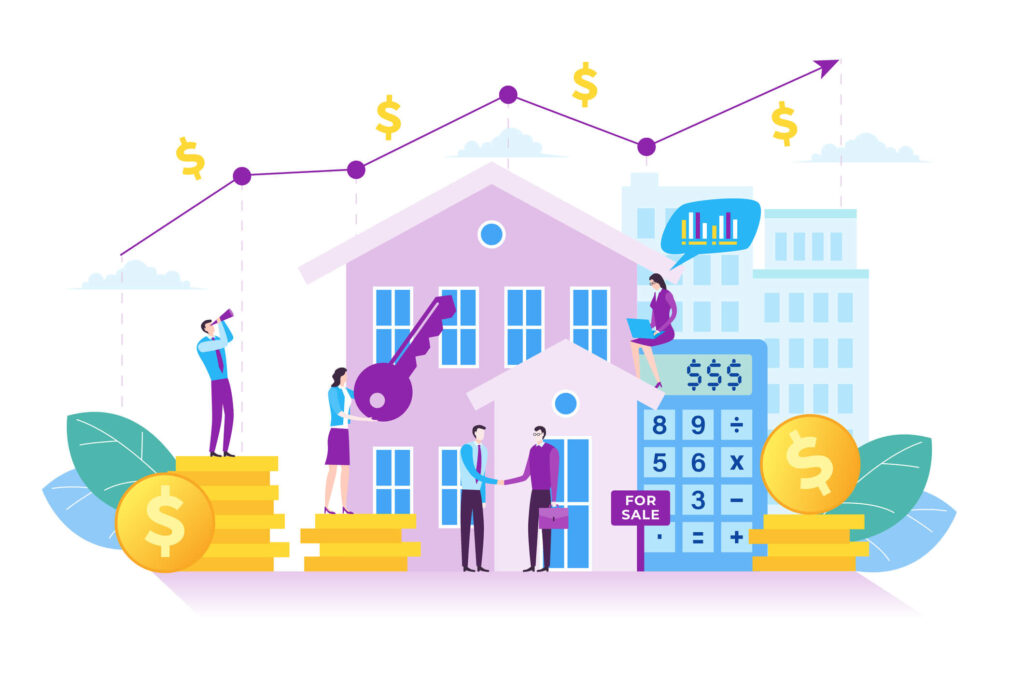 An illustration showing an investment property surroundied by graphs and calculations.